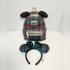 Disney Parks Loungefly 2025 Holiday Plaid Mini Backpack & Ears Bundle - NWT